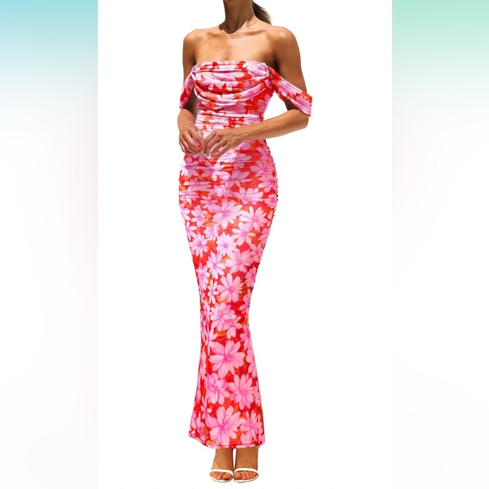 Floral ruched bodycon off the shoulder dress